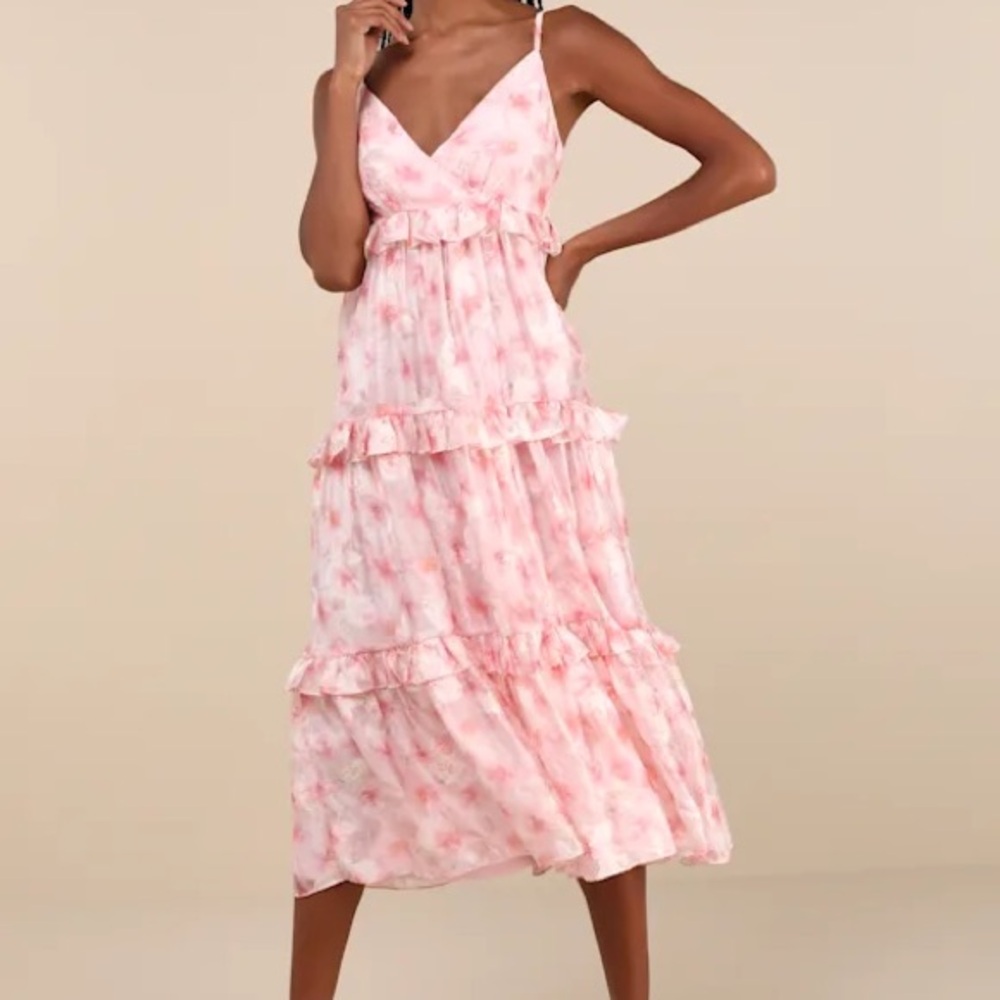 Lulus Radiantly Adorable Pink Floral Sleeveless Tiered Midi Dress size small